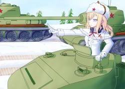 Rule 34 | 1girl, absurdres, blonde hair, blue eyes, breasts, caterpillar tracks, coat, commentary request, day, fur hat, gilijim, girls&#039; frontline, hat, highres, long hair, military, military vehicle, mosin-nagant (girls&#039; frontline), motor vehicle, sky, snow, star (symbol), t-34, t-34-85, tank, tree, ushanka