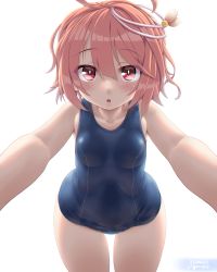 Rule 34 | 1girl, ahoge, bare arms, bare legs, bare shoulders, blue one-piece swimsuit, blush, collarbone, cowboy shot, dd (ijigendd), hair between eyes, highres, i-58 (kancolle), kantai collection, one-piece swimsuit, open mouth, pink eyes, pink hair, school swimsuit, short hair, simple background, solo, swimsuit, white background
