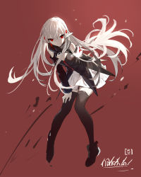 Rule 34 | 1girl, ankle boots, arknights, arm behind back, armband, bare shoulders, black footwear, black thighhighs, boots, braid, breasts, cleavage, closed mouth, cross hair ornament, crown braid, detached sleeves, full body, hair ornament, highres, leaning forward, long hair, long sleeves, looking at viewer, miniskirt, pointy ears, red background, red eyes, shi-chen, signature, silver hair, skirt, small breasts, smile, solo, thighhighs, v-shaped eyebrows, very long hair, warfarin (arknights), white skirt, zettai ryouiki