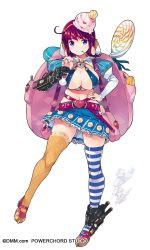 Rule 34 | 1girl, artist request, asymmetrical legwear, backpack, bag, blue eyes, breasts, candy, drill senki, earrings, food, fruit, full body, gloves, hairband, hand on own hip, highres, horikita sakuya, ice cream, jewelry, large breasts, lollipop, looking at viewer, macaron, midriff, mismatched legwear, navel, oversized food, oversized object, parfait, purple hair, ring, skirt, smile, solo, spoon, strawberry, striped clothes, striped thighhighs, thighhighs, transparent background, utensil in mouth, zettai ryouiki