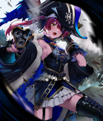 Rule 34 | 1girl, absurdres, alternate costume, alternative color, armpits, bare shoulders, bicorne, blush, boots, breasts, brooch, cleavage, cowboy shot, day, detached sleeves, eyepatch, frilled skirt, frills, glowing, glowing eye, gun, handgun, hat, heterochromia, highres, holding, holding gun, holding weapon, hololive, houshou marine, jewelry, long hair, looking at viewer, medium breasts, open mouth, outdoors, pirate hat, pistol, red eyes, red hair, see-through, see-through cleavage, sideboob, skirt, smile, solo, ssamjang (misosan), thigh boots, thighhighs, twintails, virtual youtuber, weapon, white skirt, yellow eyes, zettai ryouiki