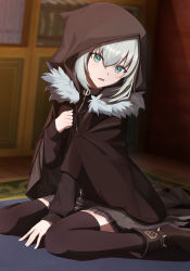 Rule 34 | 1girl, absurdres, between legs, black cape, black footwear, black ribbon, black shirt, black thighhighs, blue eyes, cape, fate (series), gray (fate), grey skirt, hair between eyes, hand between legs, highres, hood, hood up, hooded, indoors, long sleeves, looking at viewer, lord el-melloi ii case files, miniskirt, open mouth, plaid, plaid skirt, pleated skirt, ribbon, shirt, short hair, silver hair, sitting, skirt, solo, thighhighs, wariza, yihiun, zettai ryouiki