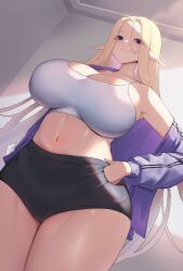Rule 34 | 1girl, absurdres, alternate costume, blonde hair, blue eyes, breasts, bursting breasts, camisole, cccco, cerestia of life, cleavage, dutch angle, from below, hair between eyes, highres, huge breasts, jacket, last origin, long hair, long pointy ears, midriff, navel, open clothes, open jacket, pointy ears, short shorts, shorts, solo, taut clothes, thick thighs, thighs, track jacket, very long hair, white camisole, wide hips