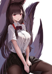 Rule 34 | 1girl, absurdres, akagi (azur lane), animal ears, azur lane, black skirt, bow, breasts, brown bow, brown hair, brown pantyhose, brown tail, highres, kitsune, lahz52, large breasts, long hair, looking at viewer, miniskirt, multiple tails, pantyhose, pleated skirt, red eyes, revision, shirt, short sleeves, skirt, solo, tail, v arms, white shirt
