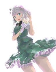 Rule 34 | 1girl, backlighting, blue eyes, blush, bouquet, bow, cowboy shot, flower, frilled skirt, frills, green skirt, green vest, hairband, hand in own hair, highres, honi (honix3), konpaku youmu, looking at viewer, open mouth, perspective, round teeth, shirt, short hair, silver hair, simple background, sketch, skirt, skirt set, solo, teeth, thighs, tongue, touhou, upper body, vest, white background, white shirt