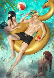 Rule 34 | 1boy, 2girls, abs, absurdres, aerith gainsborough, animal, armpits, artist name, ass, ball, beachball, black hair, black male swimwear, black swim trunks, blonde hair, bow, bracelet, braid, breasts, brown hair, clothed male nude female, cloud strife, cocktail, coconut, collarbone, completely nude, costa del sol, curvy, drink, earrings, eyewear on head, feet, final fantasy, final fantasy vii, final fantasy vii remake, fish, flower, food, from above, fruit, hair flower, hair ornament, highres, holding, holding drink, innertube, jewelry, large breasts, long hair, looking at another, looking at viewer, lying, male swimwear, multiple girls, muscular, navel, necklace, nipples, nude, palm tree, partially submerged, patreon, pectorals, pink bow, pink ribbon, ribbon, sand, shiny skin, shoulder blades, soaking feet, spiked hair, square enix, standing, stomach, sunglasses, swim ring, swim trunks, swimsuit, tifa lockhart, tree, tropical, tropical drink, tropical fish, umbrella, very long hair, water, water drop, watermark, web address, wet, zarory
