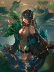 1girl absurdres arknights black_hair black_jacket chinese_commentary colored_extremities colored_inner_hair colored_skin commentary_request dragon_girl dragon_horns dragon_tail dress dusk_(arknights) earrings feet_out_of_frame flower_request green_hair green_skin hair_over_one_eye highres holding holding_plant horns jacket jewelry long_hair looking_at_viewer multicolored_hair necktie off_shoulder plant pointy_ears red_eyes red_necktie ripples solo tail tassel tassel_earrings very_long_hair wading white_dress zzhin3