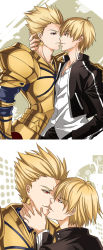 Rule 34 | 2boys, armor, bad id, bad pixiv id, blonde hair, bracelet, clone, earrings, fate/stay night, fate/zero, fate (series), gilgamesh (fate), gilgamesh (immoral biker jacket) (fate), imminent kiss, jewelry, male focus, multiple boys, official alternate costume, red eyes, selfcest, short hair, yaoi, yy (yytomb)