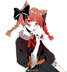 Rule 34 | 1girl, animal ears, black bow, black dress, bow, braid, cat ears, chinese commentary, commentary request, dress, finger to mouth, hair bow, hand up, index finger raised, kaenbyou rin, kagari6496, long hair, long sleeves, looking at viewer, nail polish, neck ribbon, puffy sleeves, red eyes, red hair, red nails, red ribbon, red sash, ribbon, sash, simple background, solo, touhou, twin braids, twintails, upper body, weibo logo, weibo watermark, white background