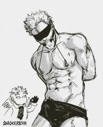 Rule 34 | 2boys, abs, arms behind back, bara, bdsm, blindfold, boku no hero academia, boxer briefs, bubaigawara jin, bulge, chibi, chibi inset, cloth gag, drooling, erection, erection under clothes, facial hair, gag, gagged, greyscale, hawks (boku no hero academia), highres, improvised gag, male focus, male underwear, mature male, monochrome, multiple boys, muscular, muscular male, navel, nipple stimulation, nipple tweak, nipples, ok sign, over the mouth gag, pectorals, short hair, sketch, smokerichi, stomach, stubble, topless male, underwear, yaoi