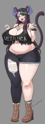 Rule 34 | absurdres, asymmetrical clothes, belly, black hair, boots, brand name imitation, breasts, cleavage, collar, crop top, ear piercing, eyeshadow, fangs, gaikiken, goth fashion, grey background, grey eyeshadow, grey lips, half-closed eyes, high heel boots, high heels, highres, horns, huge breasts, jewelry, lipstick, long hair, magatama, magatama necklace, makeup, metallica, midriff, mole, mole on breast, mole under mouth, multicolored eyes, multicolored nails, multiple rings, navel, necklace, open mouth, original, panther ears, panther tail, pants, paw pose, piercing, plump, rainbow hair shine, ring, simple background, single pantsleg, smile, spiked collar, spikes, tank top, thick thighs, thighs, torn clothes, torn pants, torn tank top, twitter username, very long hair, wrist straps