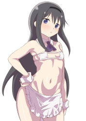 Rule 34 | 1girl, absurdres, akemi homura, apron, bare shoulders, black hair, breasts, hateri, highres, long hair, looking at viewer, mahou shoujo madoka magica, purple eyes, simple background, small breasts, solo