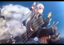 Rule 34 | 10s, 2girls, amatsukaze (kancolle), blonde hair, blue skirt, blue sky, brown eyes, compass, cuon (kuon), day, detached sleeves, garter straps, hairband, kantai collection, letterboxed, long sleeves, machinery, map, multiple girls, ocean, parted lips, school uniform, serafuku, shimakaze (kancolle), skirt, sky, thighhighs, twintails, two side up, wading, water, zettai ryouiki