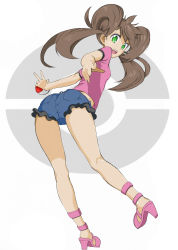 Rule 34 | 10s, 1girl, ass, back, breasts, brown hair, creatures (company), denim, denim shorts, dutch angle, flat ass, from behind, full body, game freak, green eyes, high heels, highres, hip focus, kneepits, legs, long hair, looking at viewer, looking back, nintendo, open mouth, pointing, pointing at viewer, poke ball, pokemon, pokemon xy, quad tails, shauna (pokemon), shirt, shoes, short shorts, shorts, sideboob, small breasts, smile, solo, surprised, teeth, thigh gap, tongue, twintails, v, wide hips, wristband, yorudo kaoru