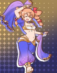 Rule 34 | 1girl, alternate costume, anklet, bandeau, bra, bracelet, drill hair, earrings, harem outfit, harem pants, highres, jewelry, light brown hair, midriff, mizusoba, navel, neck ring, one eye closed, open mouth, orange eyes, pants, ribbon, sandals, see-through, solo, touhou, twin drills, underwear, v-shaped eyebrows, yorigami jo&#039;on