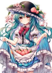 Rule 34 | 1girl, absurdres, black hat, blue hair, blue skirt, blush, bow, bowtie, buttons, center frills, cherry blossoms, clothes lift, collared shirt, commentary, cowboy shot, flower, food, frilled skirt, frills, fruit, fruit hat ornament, hair between eyes, hat, hat flower, hat ornament, highres, hinanawi tenshi, lifting own clothes, long hair, looking at viewer, parted lips, peach, peach hat ornament, pink flower, pudding (skymint 028), puffy short sleeves, puffy sleeves, red bow, red bowtie, red eyes, shirt, short sleeves, sidelocks, simple background, skirt, skirt lift, solo, touhou, white background, white shirt