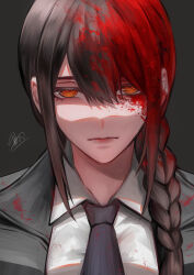 Rule 34 | 1girl, absurdres, aged up, asarizer, black hair, black necktie, black suit, blood, blood in hair, blood on clothes, blood on face, braid, chainsaw man, commentary, cosplay, expressionless, eyebrows hidden by hair, formal, hair over shoulder, highres, makima (chainsaw man), makima (chainsaw man) (cosplay), nayuta (chainsaw man), necktie, orange eyes, portrait, ringed eyes, signature, single braid, solo, suit