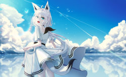 Rule 34 | 1girl, absurdres, ahoge, animal ear fluff, animal ears, black bow, black choker, bow, braid, choker, clothes lift, cloud, cloudy sky, commentary request, day, dress, dress lift, extra ears, fang, fox ears, fox girl, fox tail, green eyes, hair between eyes, hair bow, highres, hololive, long hair, looking at viewer, looking back, melt (melt out1), open mouth, outdoors, shirakami fubuki, short sleeves, sidelocks, single braid, skin fang, sky, solo, tail, virtual youtuber, white dress, white hair
