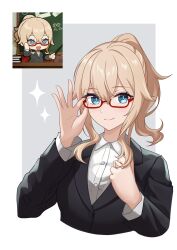 Rule 34 | 1girl, adjusting eyewear, alternate costume, black jacket, blonde hair, blue hair, closed mouth, collared shirt, commentary request, cropped torso, genshin impact, hair between eyes, hands up, highres, jacket, jean (genshin impact), long sleeves, looking at viewer, mon-chan, ponytail, red-framed eyewear, reference inset, shirt, simple background, smile, solo, sparkle, suit jacket, upper body, white shirt