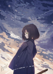 Rule 34 | 1girl, ano54, arms at sides, blue jacket, blush, bob cut, brown hair, closed mouth, cloud, cloudy sky, dutch angle, green eyes, highres, jacket, long sleeves, looking at viewer, looking to the side, original, outdoors, profile, short hair, signature, sky, solo, star (sky), starry sky, upper body