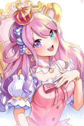 Rule 34 | 1girl, absurdres, bare shoulders, blush, breasts, chair, crescent, crescent earrings, crescent necklace, crown, dress, earrings, green eyes, hand on own chest, heterochromia, highres, himemori luna, himemori luna (1st costume), hololive, jewelry, long hair, looking at viewer, medium breasts, mini crown, necklace, off-shoulder dress, off shoulder, open mouth, pink hair, princess, purple eyes, simple background, single hair ring, smile, solo, swept bangs, upper body, virtual youtuber, white background, xivi9