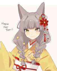 Rule 34 | 1girl, animal ears, blunt bangs, braid, cat ears, cheese dakke, closed mouth, commentary request, eyelashes, flower, grey hair, hair flower, hair ornament, happy new year, japanese clothes, kimono, long hair, multiple girls, new year, nia (xenoblade), simple background, smile, solo, twin braids, upper body, white background, xenoblade chronicles (series), xenoblade chronicles 2, yellow eyes, yukata