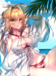 Rule 34 | 1girl, ahoge, bikini, blonde hair, blue sky, blush, breasts, cleavage, cleavage cutout, clothing cutout, day, fate/grand order, fate (series), green eyes, hair intakes, hand up, highres, large breasts, long hair, looking at viewer, moe (hamhamham), navel, nero claudius (fate), nero claudius (fate) (all), nero claudius (swimsuit caster) (fate), nero claudius (swimsuit caster) (third ascension) (fate), outdoors, palm tree, sitting, sky, smile, solo, striped bikini, striped clothes, swimsuit, tree, water