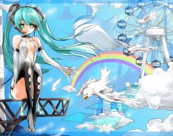 Rule 34 | 1girl, bad id, bad pixiv id, bird, day, ferris wheel, flying whale, hatsune miku, hatsune miku (append), rainbow, saihate (saihate d3), sky, smile, solo, thighhighs, torn clothes, torn thighhighs, vocaloid, vocaloid append, whale