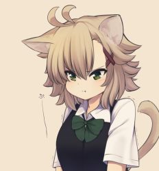 Rule 34 | &gt;:t, 1girl, :t, animal ears, arms at sides, beige background, blouse, blush, brown hair, cat ears, cat tail, closed mouth, green eyes, hair between eyes, hair ornament, jitome, natsuki teru, nekomiya ryuu, original, pout, school uniform, shirt, short hair, short sleeves, simple background, solo, sweater vest, tail, upper body, v-shaped eyebrows, white shirt, x hair ornament