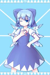 Rule 34 | 1girl, blue background, blue bow, blue dress, blue eyes, blue hair, blue theme, blush, bow, circled 9, cirno, closed mouth, collared shirt, cropped legs, detached wings, dress, hair bow, hand on own chest, hand on own hip, ice, ice wings, light smile, neck ribbon, one side up, pinafore dress, puffy short sleeves, puffy sleeves, red ribbon, ribbon, sbgu, shirt, short sleeves, simple background, sleeveless, sleeveless dress, solo, touhou, white shirt, wings