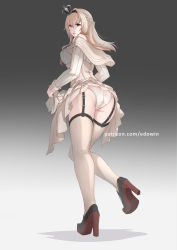 Rule 34 | 1girl, ass, black footwear, blonde hair, blue eyes, braid, breasts, corset, crown, dress, edwin (cyberdark impacts), french braid, from below, full body, garter straps, gradient background, grey background, hairband, high heels, highres, kantai collection, large breasts, long hair, long sleeves, looking at viewer, looking back, mini crown, off-shoulder dress, off shoulder, simple background, solo, standing, thighhighs, warspite (kancolle), white dress, white thighhighs