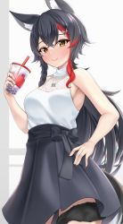 Rule 34 | 1girl, animal ears, bare arms, bare shoulders, black hair, black skirt, black thighhighs, blush, breasts, brown eyes, bubble tea, closed mouth, cowboy shot, crossed bangs, drink, hair ornament, hairclip, hand on own hip, highres, hololive, jewelry, lomocya, looking at viewer, medium breasts, multicolored hair, necklace, ookami mio, ookami mio (street), red hair, revision, skirt, sleeveless, smile, solo, streaked hair, thighhighs, virtual youtuber, wolf ears, wolf girl