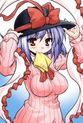 Rule 34 | 1girl, akou roushi, alternate costume, blue hair, bow, breasts, character name, female focus, frills, handkerchief, hat, hat bow, holding, holding clothes, holding hat, large breasts, mouth hold, nagae iku, red eyes, ribbed sweater, shawl, short hair, simple background, solo, sweater, touhou