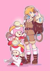 Rule 34 | 1boy, 2girls, :d, arm up, artist name, backpack, bag, bandana, belt, belt buckle, blonde hair, boots, breast pocket, brown bag, brown belt, brown footwear, brown headwear, brown jacket, brown shorts, buckle, buttons, captain toad, captain toad: treasure tracker, closed mouth, commentary, earrings, english commentary, eyelashes, frown, full body, gloves, hair between eyes, hand up, hat, headlamp, helmet, highres, holding, holding map, index finger raised, jacket, jewelry, kneehighs, lips, looking afar, map, mario (series), multiple girls, neckerchief, nintendo, notice lines, official alternate costume, open mouth, outline, parted lips, pink background, pink lips, pith helmet, pocket, pointing, princess peach, princess peach (explorer), raised eyebrows, red bandana, red neckerchief, rope, saiwo (saiwoproject), short sleeves, shorts, sidelocks, simple background, sitting, smile, socks, sphere earrings, standing, super mario odyssey, sweatdrop, teeth, toad (mario), toadette, twintails, upper teeth only, white gloves, white outline, white socks