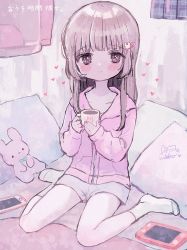 Rule 34 | 1girl, ame usako, bear hair ornament, bed sheet, blue skirt, blush, brown eyes, brown hair, cellphone, closed mouth, collarbone, commentary request, cup, grey shorts, hair ornament, hairclip, handheld game console, heart, holding, holding cup, hood, hood down, hooded jacket, hoodie, jacket, long hair, long sleeves, looking at viewer, mug, no shoes, original, phone, pillow, pink jacket, plaid, plaid skirt, pleated skirt, short shorts, shorts, signature, sitting, skirt, sleeves past wrists, smile, socks, solo, stuffed animal, stuffed rabbit, stuffed toy, wariza, white socks