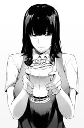 Rule 34 | 1girl, barista, blunt bangs, cappuccino, collared shirt, commentary, cup, english commentary, greyscale, highres, holding, holding cup, long hair, looking at viewer, lynus, monochrome, naoko (lynus), original, shirt, short sleeves, simple background, solo, upper body, valentine, white background