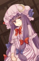 Rule 34 | 1girl, blue bow, blush, bow, bowtie, capelet, cowboy shot, crescent, crescent pin, dress, hair bow, hat, hat bow, highres, long hair, long sleeves, looking at viewer, mob cap, oborofu, patchouli knowledge, pink hat, purple eyes, purple hair, red bow, red bowtie, sidelocks, solo, striped clothes, striped dress, touhou, very long hair