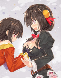 Rule 34 | 10s, 2girls, age difference, angry, bare shoulders, belt, between breasts, black hair, blush, bow, braid, breast envy, grabbing another&#039;s breast, breasts, child, deep skin, dress, embarrassed, eyelashes, fingerless gloves, fingernails, flat chest, from side, gloves, grabbing, grey background, groping, hair bow, hair ornament, hair ribbon, juliet sleeves, kibasuke, kono subarashii sekai ni shukufuku wo!, large breasts, light particles, long hair, long sleeves, looking at another, low twintails, megumin, multiple girls, necktie, necktie between breasts, off shoulder, onee-loli, open mouth, pink necktie, pink skirt, pleated skirt, profile, puffy sleeves, red bow, red dress, red eyes, ribbon, shaded face, short hair, short hair with long locks, skirt, surprised, twintails, upper body, yunyun (konosuba), yuri