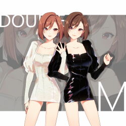 Rule 34 | 2girls, absurdres, black dress, breasts, brown eyes, brown hair, cleavage, commentary, dress, dual persona, highres, juliet sleeves, locked arms, long sleeves, medium breasts, meiko (vocaloid), multiple girls, puffy sleeves, sakine meiko, short dress, short hair, smile, standing, vocaloid, yen-mi, zoom layer