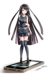 Rule 34 | 1girl, amino kohaku, apple inc., arm behind back, arm grab, black eyes, black hair, black thighhighs, boots, cellphone, collar, frown, headphones, highres, hime cut, iphone, long hair, original, personification, phone, simple background, siri, smartphone, solo, standing, text focus, thighhighs, very long hair, white background, zettai ryouiki