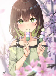 Rule 34 | 1girl, blurry, blurry background, blurry foreground, branch, brown hair, cherry blossoms, collarbone, commentary request, dango, day, depth of field, eating, flower, food, green eyes, green hair, green shirt, hair between eyes, hands up, highres, holding, holding food, long sleeves, looking at viewer, miko fly, multicolored hair, off-shoulder shirt, off shoulder, original, outdoors, petals, pink flower, sanshoku dango, shirt, signature, solo, two-tone hair, upper body, wagashi, wide sleeves