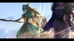 Rule 34 | 3girls, amulet, animal ears, atalanta (fate), blonde hair, blurry, bow (weapon), cat ears, collar, depth of field, dress, fate/grand order, fate (series), foreshortening, fur collar, gloves, green eyes, green hair, juliet sleeves, letterboxed, long hair, long sleeves, multiple girls, otsumami (bu-bu-heaven), puffy sleeves, purple hair, scathach (fate), scathach skadi (fate), tiara, two side up, wand, weapon