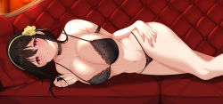 Rule 34 | 1girl, arm strap, black bra, black choker, black hair, black panties, blush, bra, breasts, chinese commentary, choker, cleavage, couch, feet out of frame, flower, hair between eyes, hair flower, hair ornament, hair stick, hairband, highres, lace, lace-trimmed bra, lace choker, lace trim, large breasts, long hair, looking at viewer, lying, navel, on side, panties, parted lips, red eyes, smile, solo, spy x family, stomach, thighs, underwear, underwear only, wing228, yellow hairband, yor briar