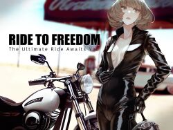 Rule 34 | 1girl, biker clothes, bikesuit, black gloves, blue eyes, blurry, blurry background, bodysuit, breasts, brown hair, commentary request, day, depth of field, english text, glint, gloves, hand on own hip, helmet, highres, holding, holding helmet, idolmaster, idolmaster cinderella girls, kaoming, light brown hair, lips, long sleeves, looking afar, medium breasts, mole, mole under eye, motor vehicle, motorcycle, outdoors, parted lips, partially unzipped, short hair, solo, sweat, takagaki kaede, zipper pull tab