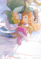Rule 34 | 1boy, 1girl, absurdres, armor, blonde hair, blue eyes, brown gloves, closed eyes, closed mouth, commentary, dress, ear piercing, elbow gloves, fingerless gloves, flower, gloves, green headwear, green tunic, harp, hat, highres, holding, holding flower, instrument, link, long dress, long hair, looking at another, lying, nintendo, ocarina, orange hair, pauldrons, piercing, pink flower, pointy ears, princess zelda, short hair, shoulder armor, smile, string, string of fate, the legend of zelda, the legend of zelda: ocarina of time, triforce print, tunic, twitter username, weibo logo, weibo watermark, white gloves, yun (dl2n5c7kbh8ihcx)
