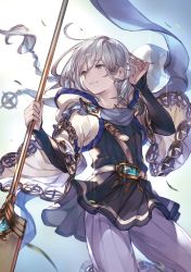 Rule 34 | 10s, 1boy, braid, from below, granblue fantasy, grey eyes, grey pants, hair between eyes, hand in own hair, highres, holding, holding spear, holding weapon, long hair, male focus, minaba hideo, noa (granblue fantasy), pants, polearm, silver hair, solo, spear, tunic, weapon