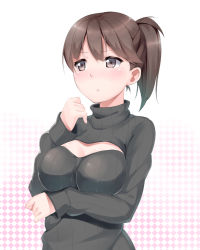 Rule 34 | 10s, 1girl, blush, breast hold, breasts, brown eyes, brown hair, casual, checkered background, cleavage cutout, clothing cutout, ginopi, highres, kaga (kancolle), kantai collection, large breasts, long sleeves, looking at viewer, meme attire, open-chest sweater, ribbed sweater, side ponytail, solo, sweater, turtleneck, upper body