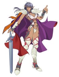 Rule 34 | 1girl, armor, arshes nei, bastard!!, bastard online, boots, breasts, cape, cleavage, dark-skinned female, dark skin, elf, grey eyes, grey hair, large breasts, long hair, mmorpg, pointing, pointy ears, sideboob, simple background, solo, sword, thigh boots, thighhighs, weapon