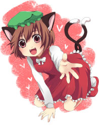 Rule 34 | 1girl, animal ears, brown hair, cat ears, cat girl, cat tail, chen, earrings, fang, fangs, female focus, foreshortening, hat, isuka, jewelry, red eyes, solo, tail, touhou