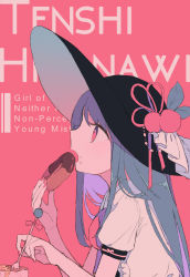 Rule 34 | 1girl, black hat, blue hair, busujima (kusahana), character name, doughnut, eating, english text, flat color, food, food on face, from side, fruit, hat, hat ornament, highres, hinanawi tenshi, leaf, long hair, muted color, nail polish, open mouth, pink background, pink eyes, pink nails, profile, shirt, short sleeves, solo, straight hair, text background, touhou, upper body, white shirt